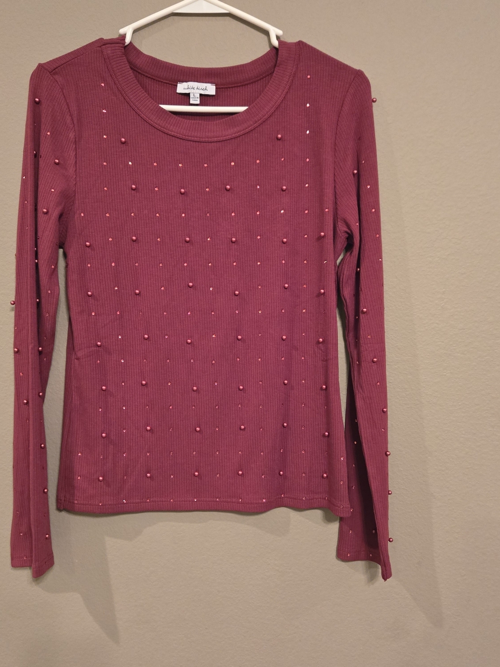 white birch Maroon Beaded Ribbed Long-Sleeve Top